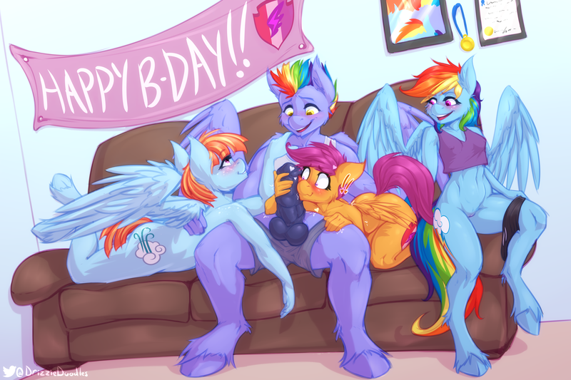 Size: 6000x4000 | Tagged: explicit, artist:drizziedoodles, derpibooru import, part of a set, bow hothoof, rainbow dash, scootaloo, windy whistles, anthro, pegasus, unguligrade anthro, art pack:motherbuckers' family reunion, balls, birthday, breasts, cock shock, cock worship, couch, eyes on the prize, female, fffm foursome, foursome, fun for the whole family, group sex, heart, heart eyes, horsecock, image, imminent incest, imminent sex, incest, infidelity, male, nudity, older, older scootaloo, penis, penis on face, png, raincest, scootahoof, sex, shipping, straight, text, thick penis, undressing, windyhoof, wingding eyes, wings