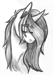 Size: 1260x1774 | Tagged: safe, artist:eggoatt, oc, unnamed oc, unofficial characters only, pony, unicorn, bust, eyebrows visible through hair, eyes closed, female, image, inktober, mare, monochrome, png, smiling