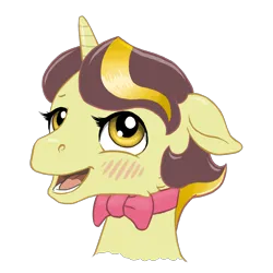 Size: 2048x2048 | Tagged: safe, artist:multiverseequine, derpibooru import, oc, oc:golden trim, unofficial characters only, pony, unicorn, blushing, bowtie, bust, cute, derpibooru exclusive, horn, image, male, multicolored hair, open mouth, pink bow, png, redraw, simple background, solo, stallion, transparent background, yellow eyes