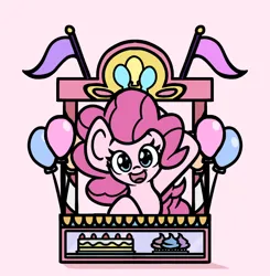 Size: 950x970 | Tagged: safe, artist:derp pone, derpibooru import, pinkie pie, earth pony, pony, balloon, cake, cupcake, cute, cutie mark, derpibooru exclusive, flag pole, food, happy, image, looking at you, pink background, png, simple background, solo, stand, waving at you