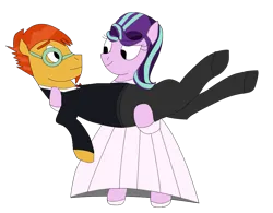 Size: 931x726 | Tagged: safe, anonymous artist, derpibooru import, starlight glimmer, sunburst, pony, unicorn, bridal carry, carrying, clothes, derpibooru exclusive, dress, female, glasses, image, male, mare, married couple, png, shipping, simple background, stallion, starburst, straight, suit, transparent background, wedding dress