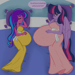 Size: 4000x4000 | Tagged: safe, artist:chelseawest, derpibooru import, princess twilight 2.0, twilight sparkle, twilight sparkle (alicorn), oc, oc:melody aurora, alicorn, human, equestria girls, the last problem, animated, belly, big belly, dialogue, from above, gif, huge belly, hyper, hyper belly, hyper pregnancy, icosuplets, image, impossibly large belly, kicking, lying down, nap, offspring, offspring's offspring, older, older twilight, parent:flash sentry, parent:oc:chaos control, parent:oc:melody aurora, parent:twilight sparkle, parents:flashlight, pillow, ponied up, pregnant, quints, quintuplets, sleeping, vigintuplets, x-ray