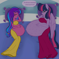 Size: 4000x4000 | Tagged: safe, alternate version, artist:chelseawest, derpibooru import, princess twilight 2.0, twilight sparkle, twilight sparkle (alicorn), oc, oc:melody aurora, alicorn, human, equestria girls, the last problem, animated, bare belly, belly, belly button, big belly, dialogue, from above, gif, huge belly, hyper, hyper belly, hyper pregnancy, icosuplets, image, impossibly large belly, kicking, lying down, nap, offspring, offspring's offspring, older, older twilight, outie belly button, parent:flash sentry, parent:oc:chaos control, parent:oc:melody aurora, parent:twilight sparkle, parents:flashlight, pillow, ponied up, pregnant, quints, quintuplets, sleeping, stretchmarks, vigintuplets, x-ray