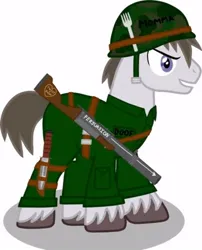 Size: 350x434 | Tagged: safe, derpibooru import, oc, oc:deus, oc:doof, unofficial characters only, earth pony, pony, fallout equestria, fallout equestria: project horizons, camouflage, clothes, fanfic art, fork, gun, helmet, image, jpeg, knife, macintosh's marauders, male, persuasion, rifle, smiling, stallion, uniform, unshorn fetlocks, weapon, writing