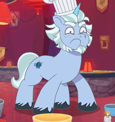 Size: 683x720 | Tagged: safe, derpibooru import, screencap, pony, unicorn, my little pony: tell your tale, spoiler:g5, spoiler:my little pony: tell your tale, spoiler:tyts01e38, alphabittle blossomforth, alphabittle is best facemaker, animated, bowl, candle, chef's hat, cropped, crystal tea room, dancing, faic, foal food, g5, gif, hat, image, loop, male, perfect loop, silly, silly face, silly pony, solo, stallion, unicorn jinx dance, wide eyes, youtube link