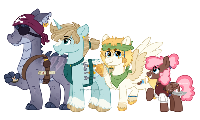 Size: 5000x3000 | Tagged: safe, artist:pink-pone, derpibooru import, oc, oc:bruce ironjaw, oc:peppermint patty, oc:sandy skye, oc:silver spanner, unofficial characters only, dracony, dragon, hybrid, pegasus, pony, unicorn, clothes, colored wings, compass, ear piercing, eyepatch, female, image, male, map, mare, piercing, png, simple background, stallion, transparent background, two toned wings, wings