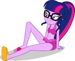 Size: 2636x2172 | Tagged: safe, alternate version, artist:dustinwatsongkx, derpibooru import, sci-twi, twilight sparkle, equestria girls, accessory swap, bare shoulders, belly button, bikini, clothes, clothes swap, female, glasses, image, pinkie pie swimsuit, png, simple background, sleeveless, solo, swimsuit, swimsuit swap, transparent background