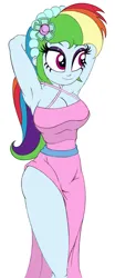 Size: 800x1920 | Tagged: safe, alternate version, artist:roseluck, derpibooru import, rainbow dash, human, equestria girls, alternate hairstyle, arm behind head, bare shoulders, big breasts, breasts, bridesmaid, bridesmaid dress, busty rainbow dash, cleavage, clothes, colored sketch, curvy, derpibooru exclusive, dress, eyeshadow, female, headband, hourglass figure, image, makeup, pencil drawing, pink dress, png, sash, side slit, simple background, sleeveless, sleeveless dress, smiling, solo, three quarter view, traditional art, walking, white background, wide hips