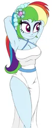 Size: 800x1920 | Tagged: safe, alternate version, artist:roseluck, derpibooru import, rainbow dash, human, equestria girls, alternate hairstyle, arm behind head, bare shoulders, big breasts, breasts, bridesmaid, bridesmaid dress, busty rainbow dash, cleavage, clothes, colored sketch, curvy, derpibooru exclusive, dress, eyeshadow, female, headband, hourglass figure, image, makeup, pencil drawing, png, sash, side slit, simple background, sleeveless, sleeveless dress, smiling, solo, three quarter view, traditional art, walking, white background, white dress, wide hips