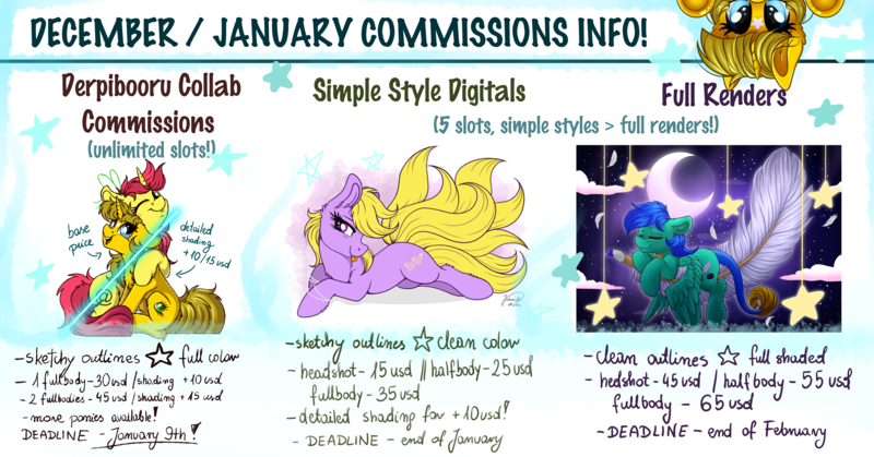 Size: 4800x2512 | Tagged: safe, artist:julunis14, derpibooru import, oc, oc:ayza, oc:baatochan, earth pony, pegasus, pony, unicorn, derpibooru community collaboration, advertisement, commission, commissions open, cute, image, png, prices