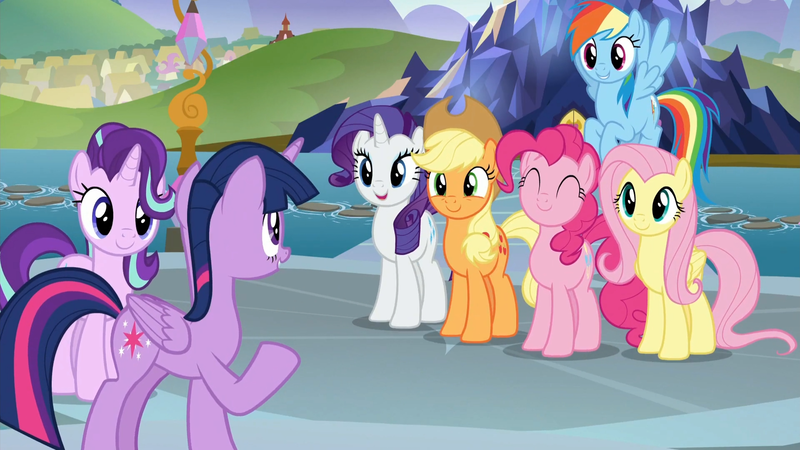 Size: 1920x1080 | Tagged: safe, derpibooru import, screencap, applejack, fluttershy, pinkie pie, rainbow dash, rarity, starlight glimmer, twilight sparkle, twilight sparkle (alicorn), alicorn, earth pony, pegasus, pony, unicorn, school daze, season 8, spoiler:s08, 1080p, ^^, cute, daaaaaaaaaaaw, dashabetes, diapinkes, eyes closed, female, glimmerbetes, happy, image, jackabetes, mane six, mare, open mouth, png, raribetes, shyabetes, smiling, twiabetes, twilight's castle