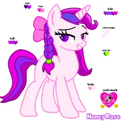 Size: 768x768 | Tagged: safe, artist:mazakbar567, derpibooru import, oc, oc:honey rose, unofficial characters only, unicorn, braid, cutie mark, horn, image, pink body, png, purple eyes, purple hair, ribbon