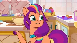 Size: 3072x1727 | Tagged: safe, derpibooru import, screencap, sunny starscout, earth pony, pony, my little pony: tell your tale, spoiler:g5, spoiler:my little pony: tell your tale, spoiler:tyts01e38, female, foal food, frown, g5, high res, image, jpeg, mare, solo, sweat, sweatdrop, youtube link