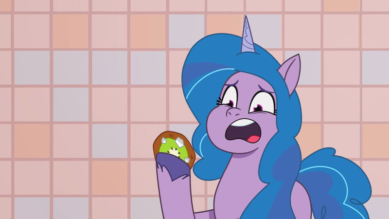 Size: 3072x1727 | Tagged: safe, derpibooru import, screencap, izzy moonbow, pony, unicorn, my little pony: tell your tale, spoiler:g5, spoiler:my little pony: tell your tale, spoiler:tyts01e38, cookie, female, foal food, food, g5, high res, image, jpeg, mare, open mouth, solo, youtube link