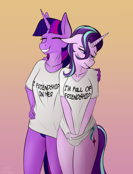 Size: 1236x1620 | Tagged: suggestive, artist:fluffyorbiter, derpibooru import, starlight glimmer, twilight sparkle, twilight sparkle (alicorn), alicorn, anthro, pony, unicorn, arm on shoulder, breasts, clothes, embarrassed, female, gradient background, grin, hips, image, implied lesbian, implied sex, implied shipping, implied twiluna, lesbian, meme, panties, png, shipping, shirt, smiling, t-shirt, twistarlight, underwear