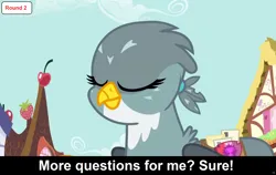 Size: 1920x1210 | Tagged: safe, derpibooru import, screencap, gabby, gryphon, comic:celestia's servant interview, caption, cs captions, cute, detailed background, eyes closed, female, gabbybetes, image, image macro, interview, png, ponyville, solo, text
