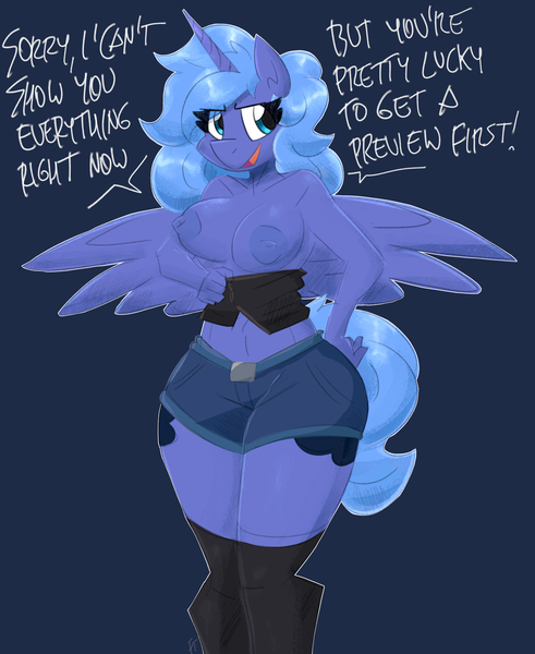 Size: 2000x2444 | Tagged: questionable, artist:flutterthrash, derpibooru import, princess luna, alicorn, anthro, alternate hairstyle, areola, big areola, big breasts, big nipples, boots, breasts, busty princess luna, clothes, denim, denim shorts, dialogue, exposed breasts, eyelashes, flashing, flashing boobs, hand on hip, hips, horn, image, lidded eyes, midriff, nipples, nudity, open mouth, pegasus wings, png, s1 luna, shoes, shorts, socks, solo, spread wings, tail, talking, talking to viewer, thigh boots, thigh highs, thighs, thunder thighs, tube top, wide hips, wings