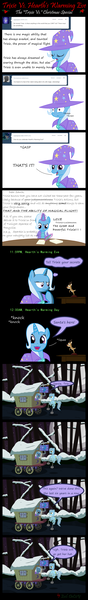 Size: 1450x9935 | Tagged: safe, artist:evil-dec0y, derpibooru import, trixie, oc, oc:ghost, pony, unicorn, comic:trixie vs., comic:trixie vs. hearth's warming, 2012, ask, cape, clothes, comic, duo, duo female, female, hat, hearth's warming eve, image, it begins, mare, nostalgia, old art, png, text, thumbnail is a stick, trixie's cape, trixie's hat, trixie's wagon, tumblr, wagon