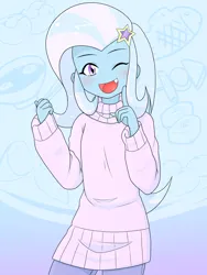 Size: 1668x2224 | Tagged: safe, artist:batipin, derpibooru import, trixie, human, equestria girls, clothes, cute, cute little fangs, diatrixes, fangs, food, image, looking at you, one eye closed, open mouth, open smile, png, smiling, smiling at you, sweater, turtleneck, wink, winking at you