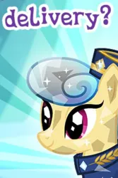 Size: 310x464 | Tagged: safe, derpibooru import, crystal pony, pony, clothes, cropped, crystal, english, female, gameloft, golden hooves (character), hat, image, mailmare, mare, meme, png, shirt, solo, text, wow! glimmer