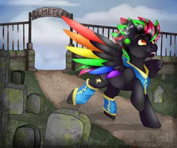 Size: 3000x2500 | Tagged: safe, artist:chvrchgrim, derpibooru import, oc, oc:krypt, pegasus, pony, brick wall, cemetery, clothes, colored wings, detailed background, dirt road, ear piercing, grass, gravestone, graveyard, image, looking up, male, multicolored hair, multicolored wings, neckerchief, open mouth, open smile, pegasus oc, piercing, png, rainbow wings, raised hoof, smiling, socks, solo, spread wings, stallion, uniform, wind, windswept mane, wings, wonderbolts uniform
