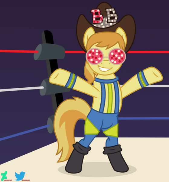 Size: 2500x2684 | Tagged: safe, artist:kuren247, derpibooru import, braeburn, earth pony, pony, arms wide open, bipedal, clothes, cowboy hat, crossover, glasses, hat, image, jeff jarrett, male, png, show accurate, smiling, solo, sports, stallion, tights, wrestling, wrestling ring, wwe