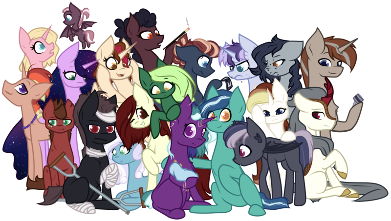 Size: 5905x3346 | Tagged: safe, artist:those kids in the corner, derpibooru import, oc, oc:axis, oc:black lake, oc:chaos bringer, oc:daewon, oc:dried petals, oc:evergreen, oc:highland horizon, oc:ki kanmuri, oc:midsummer sonata, oc:roving discovery, oc:silverlight, oc:slumbering sequoia, oc:spark, oc:stargazer, oc:swift ranger, oc:tuscon bluffs, oc:watercress, unnamed oc, alicorn, bat pony, earth pony, kirin, pegasus, pony, unicorn, derpibooru community collaboration, 2023 community collab, baby, baby pony, bandage, bandaid, crutches, foal, image, jewelry, png, speedpaint available