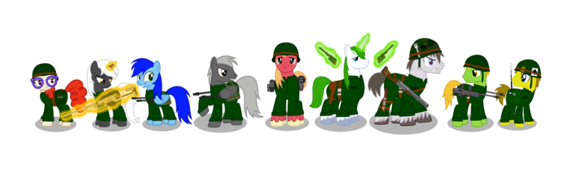 Size: 1600x480 | Tagged: safe, artist:bogdan97, derpibooru import, big macintosh, twist, oc, oc:applesnack, oc:doof, oc:echo, oc:jetstream, oc:psalm, oc:stonewing, oc:vanity, earth pony, pegasus, pony, unicorn, fallout equestria, fallout equestria: project horizons, ammunition, ammunition belt, card, clothes, fanfic art, female, fork, glasses, group, gun, helmet, image, levitation, macintosh's marauders, magic, male, mare, military, persuasion, png, rifle, sad, smiling, sniper, sniper rifle, stallion, telekinesis, uniform, weapon