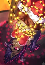 Size: 910x1300 | Tagged: safe, artist:atryl, derpibooru import, oc, oc:dusk rhine, unofficial characters only, anthro, bat pony, blushing, bondage, christmas, christmas lights, christmas tree, clothes, clumsy, dangling, female, holiday, image, png, rule 63, socks, solo, tangled up, thigh highs, tree, upside down