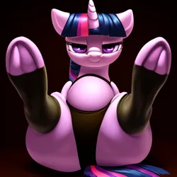 Size: 1024x1024 | Tagged: suggestive, derpibooru import, machine learning generated, stable diffusion, twilight sparkle, pony, unicorn, belly, butt, clothes, female, frog (hoof), horn, image, leg warmers, lidded eyes, looking at you, lying down, on back, panties, png, smiling, smirk, socks, solo, solo female, spread legs, spreading, tail, thigh highs, twibutt, twilight has a big ass, underhoof, underwear, unicorn twilight