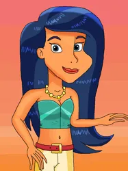 Size: 754x1010 | Tagged: safe, artist:ocean lover, derpibooru import, desert sage, equestria girls, equestria girls series, background, bare midriff, bare shoulders, beautiful, beautisexy, belly, belly button, belt, black hair, clothes, disney style, eyeliner, human coloration, image, jewelry, lips, long hair, looking at you, makeup, necklace, orange background, pants, png, simple background, sleeveless, smiling, smiling at you, tan skin, tube top