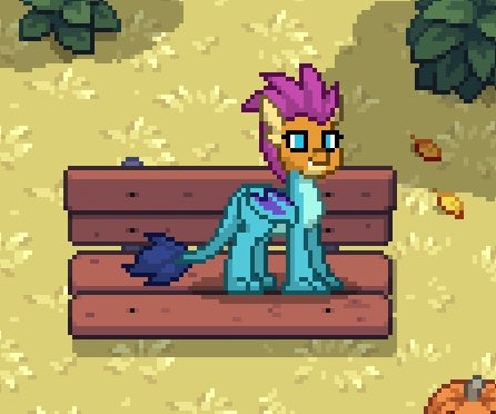 Size: 446x372 | Tagged: safe, artist:ponytownthings, derpibooru import, princess ember, smolder, dragon, pony town, bench, body swap, bush, female, grass, head swap, image, jpeg, pumpkin, quadrupedal, shadow, solo