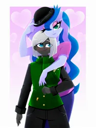 Size: 1500x2000 | Tagged: safe, artist:xan-gelx, derpibooru import, princess luna, oc, oc:night quill, human, equestria girls, age difference, blushing, bowler hat, canon, canon x oc, clothes, cougar, couple, cute, eyelashes, eyeshadow, female, hat, height difference, hug, hug from behind, humanized, image, jpeg, larger female, lips, looking at you, luill, makeup, male, male and female, one eye closed, size difference, vice principal luna, wink