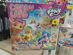 Size: 4000x3000 | Tagged: safe, derpibooru import, official, hitch trailblazer, izzy moonbow, pipp petals, sunny starscout, zipp storm, earth pony, pegasus, pony, unicorn, badge, bag, board game, candy land, crossover, dollar general, female, g5, game, hasbro, hasbro logo, high res, image, jpeg, lighthouse, logo, male, mane five (g5), mare, maretime bay, merchandise, monopoly, my little pony logo, paw patrol, satchel, simple background, stallion, toy, white background, zephyr heights