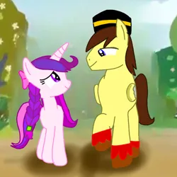 Size: 768x768 | Tagged: safe, artist:mazakbar567, derpibooru import, edit, edited screencap, screencap, oc, oc:bouraq, oc:honey rose, unofficial characters only, pegasus, unicorn, the perfect pear, braid, brown mane, cap, hat, image, looking at each other, looking at someone, meeting, png, purple hair, ribbon