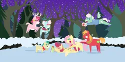 Size: 4320x2160 | Tagged: safe, anonymous artist, derpibooru import, alice the reindeer, aurora the reindeer, big macintosh, bori the reindeer, fluttershy, gentle breeze, posey shy, oc, oc:late riser, deer, earth pony, pegasus, pony, reindeer, series:fm holidays, series:hearth's warming advent calendar 2022, advent calendar, christmas, colt, doe, female, first aid kit, fluttermac, flying, foal, frown, glasses, glasses on head, grandma got run over by a reindeer, high res, holiday, hoofprints, image, lineless, male, mare, night, offspring, open mouth, parent:big macintosh, parent:fluttershy, parents:fluttermac, png, pointy ponies, shipping, snow, stallion, straight, swirly eyes, the gift givers, winter