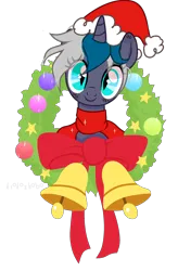 Size: 2000x3040 | Tagged: safe, artist:idkhesoff, derpibooru import, oc, oc:elizabat stormfeather, unofficial characters only, alicorn, bat pony, bat pony alicorn, pony, alicorn oc, bat pony oc, bat wings, bells, blushing, christmas, clothes, cute, female, hat, holiday, horn, image, mare, png, ribbon, santa hat, scarf, simple background, solo, transparent background, wings, wreath