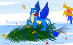 Size: 5200x3200 | Tagged: safe, artist:horsesplease, derpibooru import, gallus, christmas, christmas tree, crown, derp, failure, gallus the rooster, gallusposting, holiday, image, jewelry, mouth hold, musical instrument, png, raised leg, regalia, tree, trumpet, victory