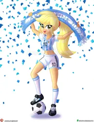 Size: 3090x4000 | Tagged: safe, artist:dieart77, derpibooru import, applejack, equestria girls, argentina, banner, clothes, confetti, female, fifa, football, freckles, high res, image, jpeg, looking at you, open mouth, shoes, shorts, sign, solo, sports, uniform, world cup 2022