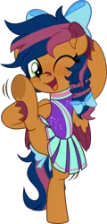 Size: 2402x5000 | Tagged: safe, artist:jhayarr23, derpibooru import, oc, oc:solar comet, pegasus, pony, bow, clothes, dress, hair bow, image, leg, one eye closed, png, solo, tail, tail bow, wink
