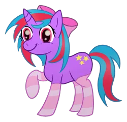 Size: 2087x2000 | Tagged: safe, artist:sweetielover, derpibooru import, oc, oc:cosmic spark, unofficial characters only, pony, unicorn, derpibooru community collaboration, 2023 community collab, bow, clothes, female, high res, horn, image, png, simple background, smiling, socks, solo, standing, transparent background, unicorn oc