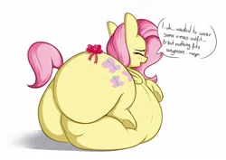 Size: 2028x1432 | Tagged: suggestive, artist:andesblorps, derpibooru import, fluttershy, pegasus, pony, belly, big belly, blushing, bow, butt, christmas, dialogue, eyes closed, fat, fat fetish, fattershy, female, fetish, holiday, huge belly, huge butt, image, jpeg, large butt, mare, morbidly obese, obese, open mouth, open smile, plot, rear view, simple background, smiling, solo, solo female, speech bubble, the ass was fat