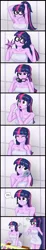 Size: 1024x5621 | Tagged: suggestive, artist:lennondash, derpibooru import, sci-twi, twilight sparkle, equestria girls, awkward, awkward moment, bathroom, boob freckles, breasts, brush, busty sci-twi, busty twilight sparkle, chest freckles, cleavage, contact lens, exclamation point, freckles, glasses, glasses off, hairbrush, hairpin, image, interrobang, jpeg, naked towel, ponytail, question mark, self paradox, shocked, shocked expression, surprised, this will end in twilighting, twiception, twolight