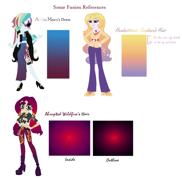 Size: 1288x1260 | Tagged: safe, artist:prettycelestia, derpibooru import, aria blaze, princess celestia, princess luna, rainbow dash, rarity, sunset shimmer, fanfic:rainbow factory, equestria girls, eyeshadow, fanfic art, fusion, gem, gradient background, gradient mane, image, lil miss rarity, makeup, multiple arms, multiple eyes, png, ponytail, principal celestia, rainbow factory dash, reference sheet, siren gem, vice principal luna