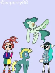 Size: 3000x4000 | Tagged: safe, artist:enperry88, derpibooru import, end zone, ocarina green, earth pony, inkling, pegasus, pony, aloha shirt, cap, clothes, collaboration, crossover, dadfoot sandals, devil horn (gesture), flip-flops, flying, friendship student, gesture, hat, headphones, image, inkling girl, looking at each other, looking at someone, octoling, octoling girl, png, rugby shirt, sandals, shirt, shoes, simple background, sky blue background, splatoon, splatoon 3, spread wings, wings