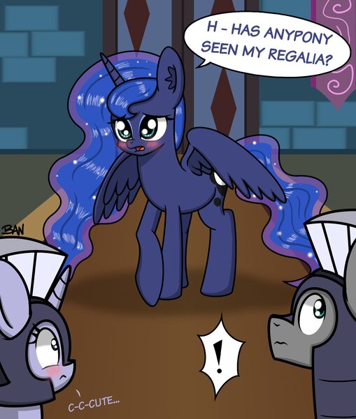 Size: 1628x1919 | Tagged: safe, artist:banquo0, derpibooru import, princess luna, silver sable, alicorn, pony, unicorn, armor, blushing, dialogue, embarrassed, female, folded wings, guardsmare, image, jpeg, male, mare, missing accessory, royal guard, royal guard armor, stallion, we don't normally wear clothes, wings