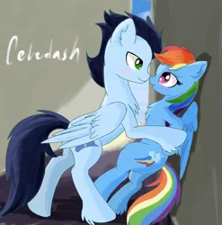 Size: 2353x2386 | Tagged: safe, artist:celedash, derpibooru import, rainbow dash, soarin', pegasus, pony, backwards cutie mark, blushing, colt, female, image, looking at each other, looking at someone, male, mare, png, romance, shipping, soarindash, stallion, straight, sunny day, wall