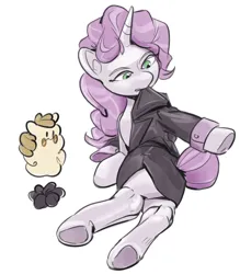 Size: 1156x1321 | Tagged: safe, artist:applephil, derpibooru import, oc, oc:tuesday, oc:twosday, unofficial characters only, pony, unicorn, clothes, dressing, image, jpeg, mouth hold, trenchcoat, underhoof, weekday ponies