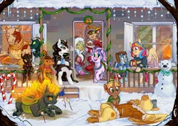 Size: 2048x1448 | Tagged: artist needed, safe, derpibooru import, oc, oc:copper chip, oc:golden gates, oc:silver span, changeling, dragon, kirin, pegasus, unicorn, bell, bell collar, candy, candy cane, chocolate, christmas, christmas stocking, christmas tree, christmas wreath, clothes, collar, fire, fireplace, food, holiday, hot chocolate, image, jpeg, marshmallow, pie, scarf, snow, snowman, tree, window, wreath
