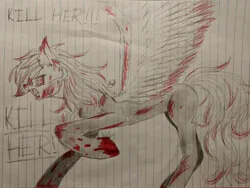 Size: 4032x3024 | Tagged: semi-grimdark, artist:rainbow dash is best pony, derpibooru import, rainbow dash, pegasus, pony, fanfic:rainbow factory, blood, bloodshot eyes, clothes, fanfic art, fangs, image, jpeg, lined paper, open mouth, pencil drawing, rainbow factory dash, raised hoof, solo, spread wings, text, torn ear, traditional art, wings